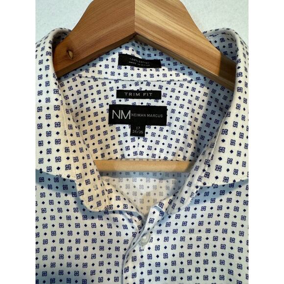 Neiman Marcus Mens Large Blue White Trim Fit Button Up Shirt 17 34/35 - Picture 6 of 11